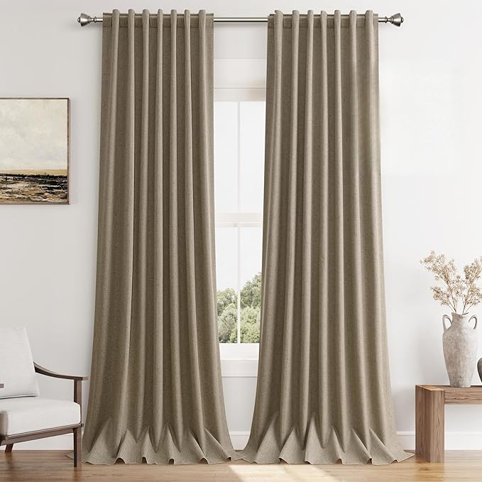 Guken Burlap Blackout Curtains 108 Inch Length 2 Panels Set for Living Room Bedroom Back Tab Thermal Insulated 100% Black Out Linen Drapes Room Darkening Window Curtains 108 Inches Long Burlap