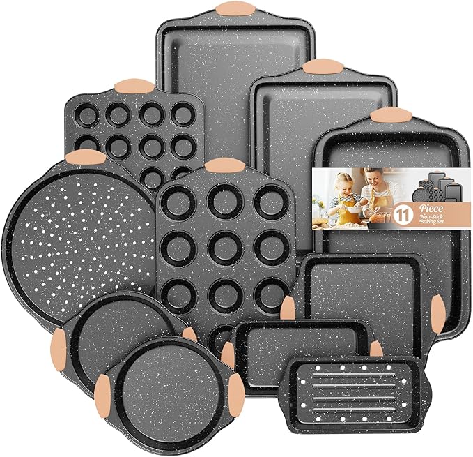 11-Piece Baking Pans Set, Nonstick Bakeware Sets, Oven Pans for Baking with Silicone Handles, Includes Cookie Sheet, Cake Pans, Loaf Pan, Pizza Pan, Muffin Pan, Khaki&Black¡­
