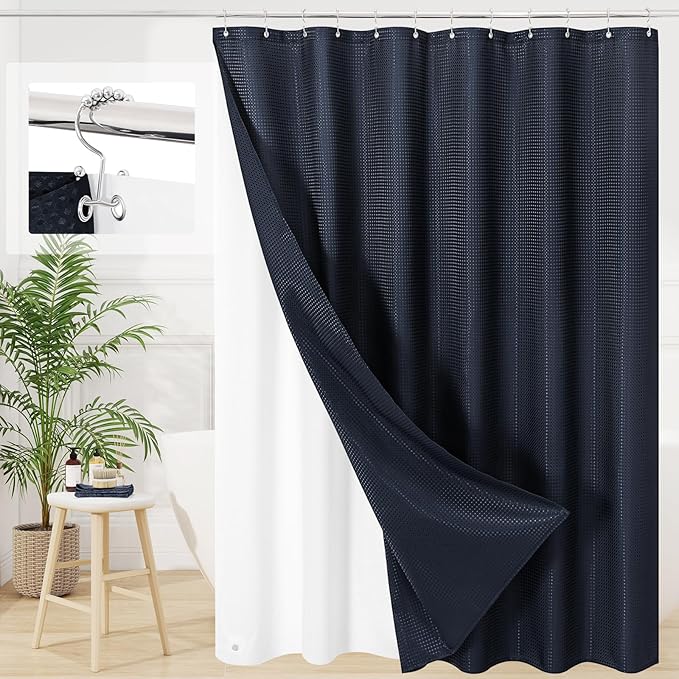 3 in 1 Long Navy Blue Shower Curtain Set-72 W x 78 H, Modern Waffle and PEVA Liner Set with 12 Stainless Steel Hooks, Waterproof Fabric for Bathroom