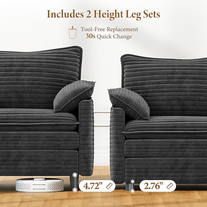 Vesgantti Large Modular Sectional Sofa, Big Comfy Cloud Couch with Ottoman Deep Seat Corduroy Cloud Sofa, 8 Seater Large Sectional Couches for Living Room, Bedroom and Apartment, Gray