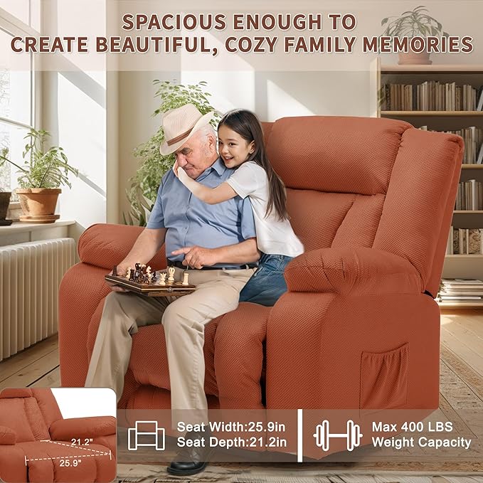 Oversized Dual Motor Power Lift Recliner for Adults, Electric Lift Chair with Heating and Massage, Waffle Fabric Electric Recliner Chair with Side Pockets, Wide Recliner for Living Room