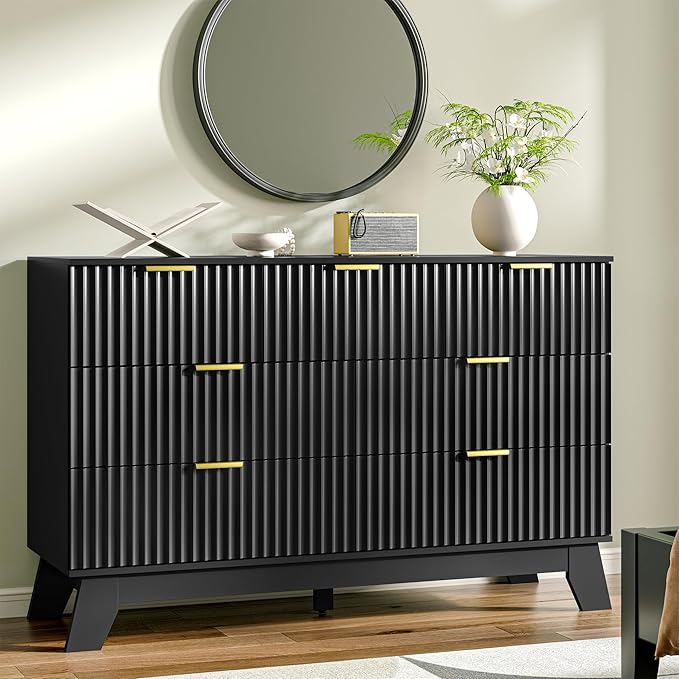 Fluted Dresser for Bedroom with 7 Drawer, Mid Century Modern Chest of Drawers, 48" Wide Natural Wood Dresser for Closet, Wooden Boho Chest Closet Storage TV Stand for Bedroom, Black