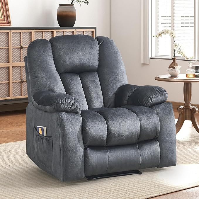 Phoenix Home Manual Recliner Chair for Adults with Massage and Heat, Overstuffed Fabric Reclining Chair, Oversized Recliners with 2 Cup Holders and Side Pockets for Living Room, Bedroom, Dark Grey