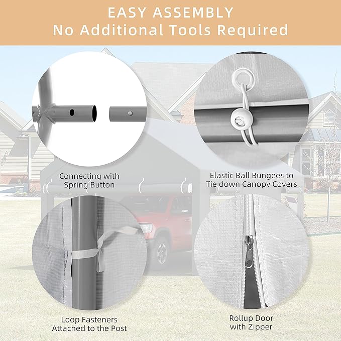 JY QAQA Carport, 10x20 FT Heavy Duty Carport with Removable Side Walls and Doors, Portable Garage with Roll-Up Window and Sandbags, Car Canopy with All-Season Tarp for Cars, Trucks, Boats, White