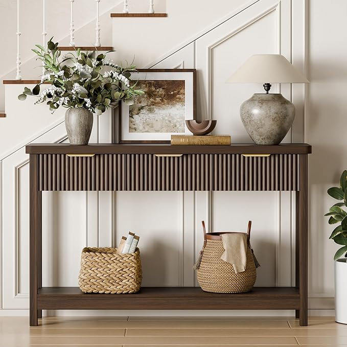 Lulive 51" Fluted Console Table for Entryway, Entryway Table with 3 Wooden Drawers, Farmhouse Behind Sofa Table for Living Room, Hallway, Couch, Foyer