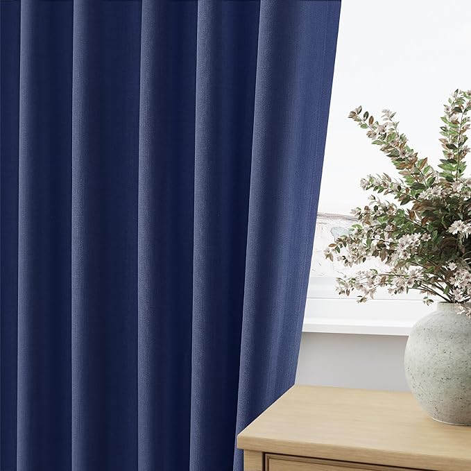 Guken Blackout Curtains 100 Inch Length 2 Panels Set for Living Room Bedroom Back Tab Thermal Insulated 100% Black Out Linen Drapes Room Darkening Window Curtains 100 Inches Long,Classic Blue