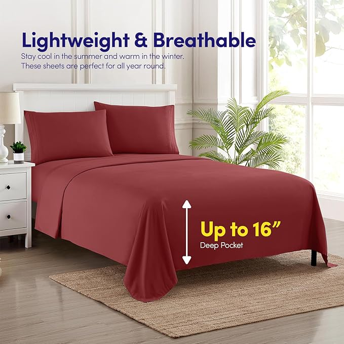 1500 Supreme Collection California King Sheet Sets Burgundy - Luxury Hotel Bed Sheets and Pillowcase Set for California King Mattress - Extra Soft, Elastic Corner Straps, Deep Pocket Sheets Burgundy