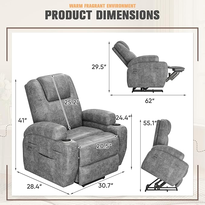 Flamaker Power Lift Chair with Vibration Massage Luxurious Leathaire Fabric Electric Lift Recliner for Elderly Power Lift Recliner Chair with Cup Holders Side Pockets for Living Room (Light Gray)