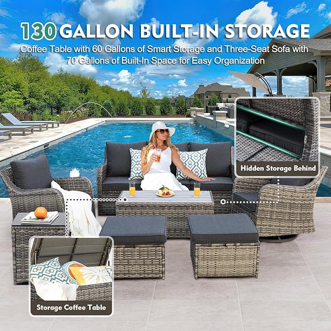 Outdoor Patio Furniture Set with Swivel Chair, 7 Pieces Patio Conversation Set, Patio Sectional Furniture Set with 2 Swivel Rocker Chair & Sofa, 2 Ottomans and Coffee Table (Grey)