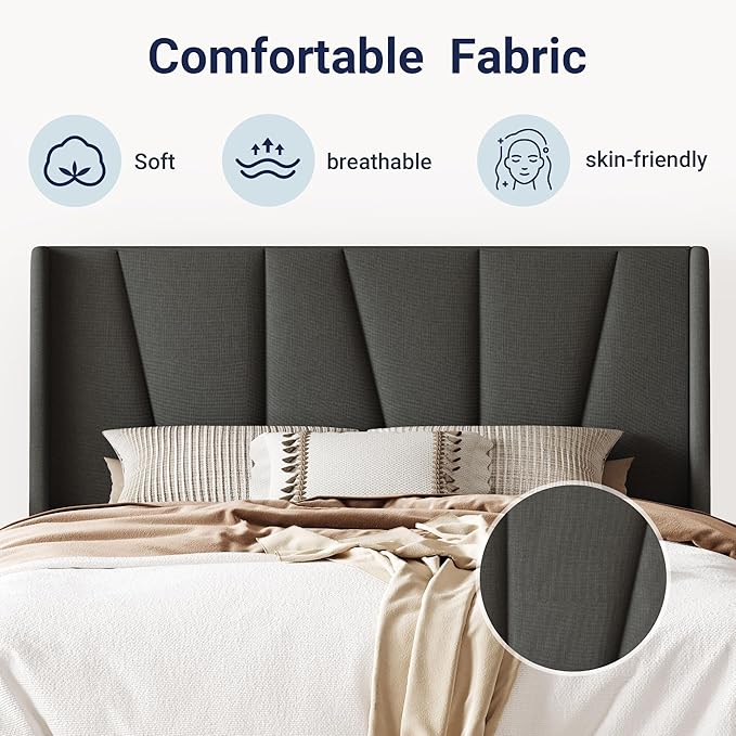 Allewie Queen Size Platform Bed Frame with Geometric Wingback Headboard, Modern Upholstered Bed with Wooden Slats Support, No Box Spring Needed, Easy Assembly, Dark Grey