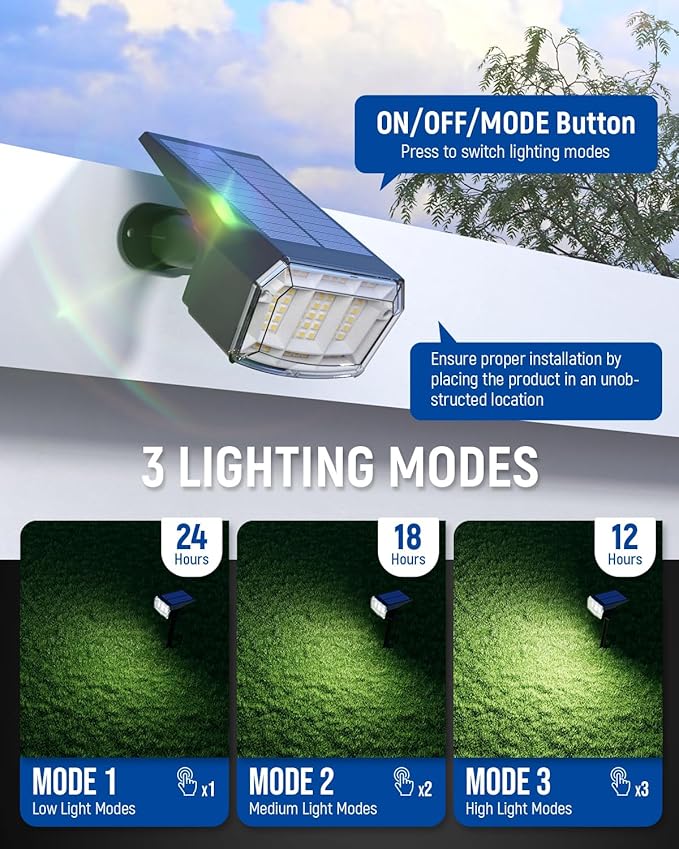 Solar Spot Lights Outdoor 63 LED 3 Lighting,Waterproof IP65 Modes Spotlights for Outside House Yard Garden Landscape Lights 3 Pack (Natural Light)