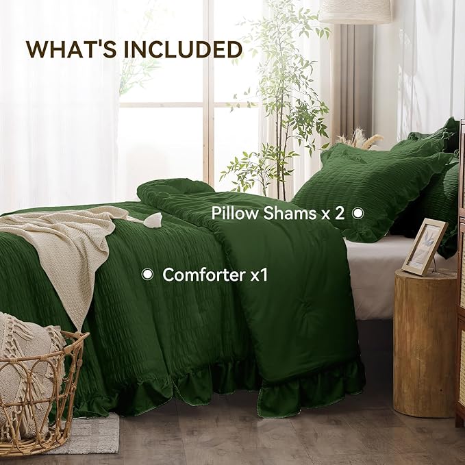 JOLLYVOGUE Dark Green King Comforter Set, 3 Pieces Seersucker Comforters King Size, Lightweight & Fluffy Bedding Sets King for All Season with 1 Ruffle Comforter and 2 Ruffle Pillowshams