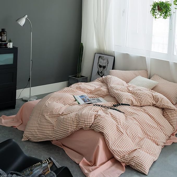 mixinni Pink Gingham Comforter Set Twin XL, Plaid Comforter Set 3 Pieces 1 Pink Grid Comfoter with 2 Pillow Cases for All Seasons, Soft Fluffy Modern Grid Pattern Printed Bedding-Twin XL Size