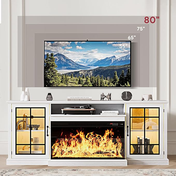 MXV 70'' Fireplace TV Stand, Farmhouse Entertainment Center with 3 Sided Glass TV Stand, Modern Media Console Table with Storage Drawers & Cabinets with LED Flame and Lights for Living Room, White