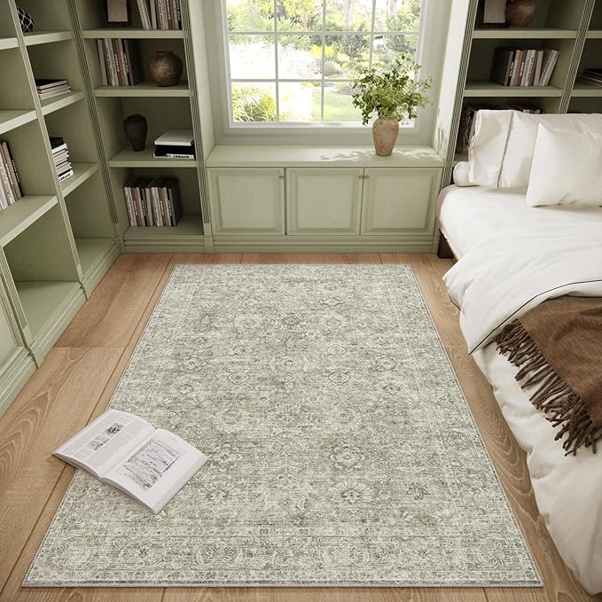 Washable Area Rugs 5'x7' Non-Slip Vintage Boho Distressed Fade Resistant Low Pile Carpet for High-Traffic Living Room, Bedroom & Dining Room