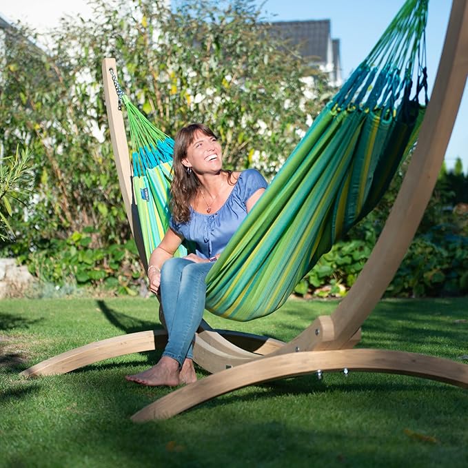 LA SIESTA® - Large Double Brisa Classic Hammock & Elipso Stand - Larch Wood Hammock Stand - Weather & Tear Resistant - Backyard Outdoor Hammock with Stand - 2-Person, Max 355 Lbs, Lime