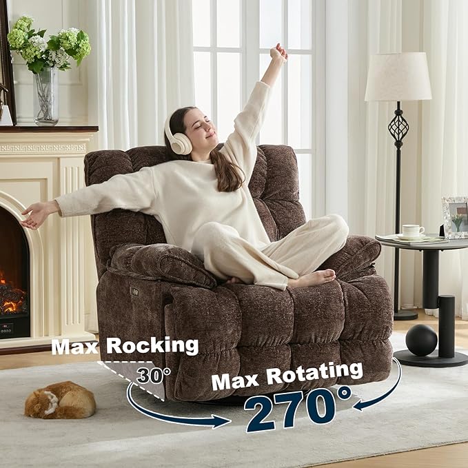 GINGO Power Oversized Recliner Chair, Extra Wide Swivel Rocking Recliner Chair, Breathable Soft Fabric Modern Single Sofa for Living Room, 90°-140° Electric Adjustable Angle, USB & Type-C Port, Brown