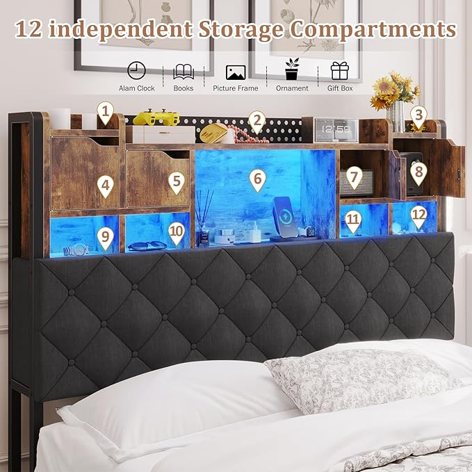 Queen Bed Frame with Storage Headboard, Queen Bed Frame with LED Lights and Charging Station, Padded headboard, No Noise, No Box Spring Needed, Easy Assembly