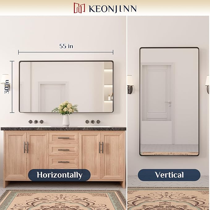 Keonjinn Black Bathroom Mirror for Vanity 55 x 30 Inch Large Metal Framed Wall Mirror Matte Black Rounded Rectangle Farmhouse Mirror, HD Tempered Glass, Modern Decorative Mirror(Horizontal/Vertical)