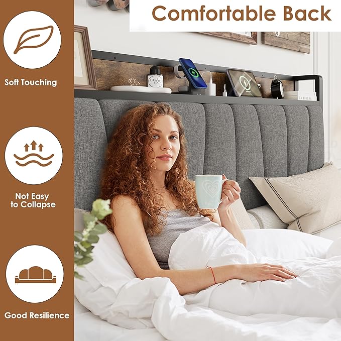 Queen Size Bed Frame with 2 Storage Drawers and Charging Station, Rustic Linen Upholstered Platform Bedframe with Storage Headboard, Heavy Duty, No Box Spring Needed, Easy Assembly, Noise Free, Grey