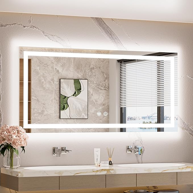 TETOTE LED Light up Bathroom Mirror Wall Mounted 48 x 24 Inch Brighter Front and Backlit Lighted Bathroom Vanity Anti Fog Mirror with Lights, 3-Color Dimmable Illuminated, Waterproof