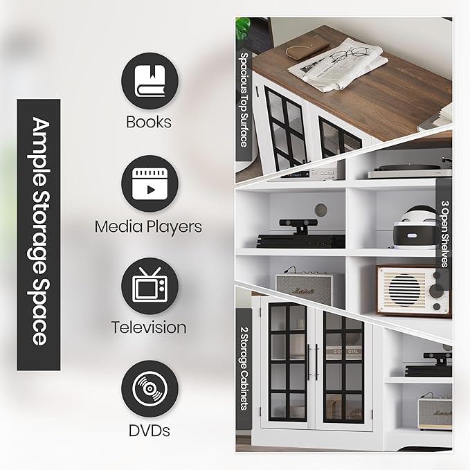 94.5 inch TV Stand for TVs up to 100", Entertainment Center Console Table with Closed Storage Cabinet and 3-Tier Open Shelves, Farmhouse TV Console for Living Room, White