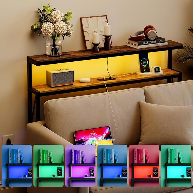 FAVOOSTY 5.9" Narrow Console Table with Led Light and Charging Station 46.8" Behind Couch Table Skinny Sofa Table with Power Outlets for Living Room, Hallway, EntryWay, Rustic Brown&Black