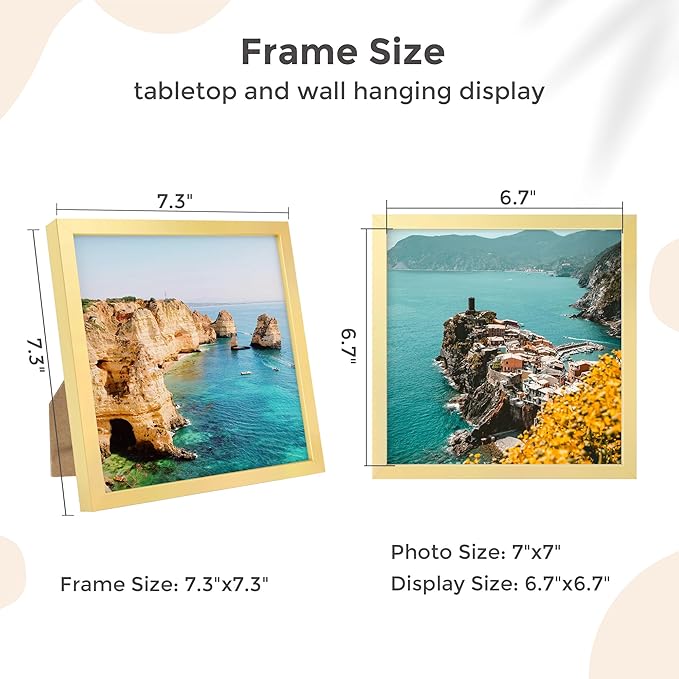7x7 Metal Picture Frame - Gold Aluminum Square Frames with Real Glass, Wall Mounting Horizontally or Vertically, Simple and Elegant Decor for Wall Gallery Poster Photo Frames, Gold