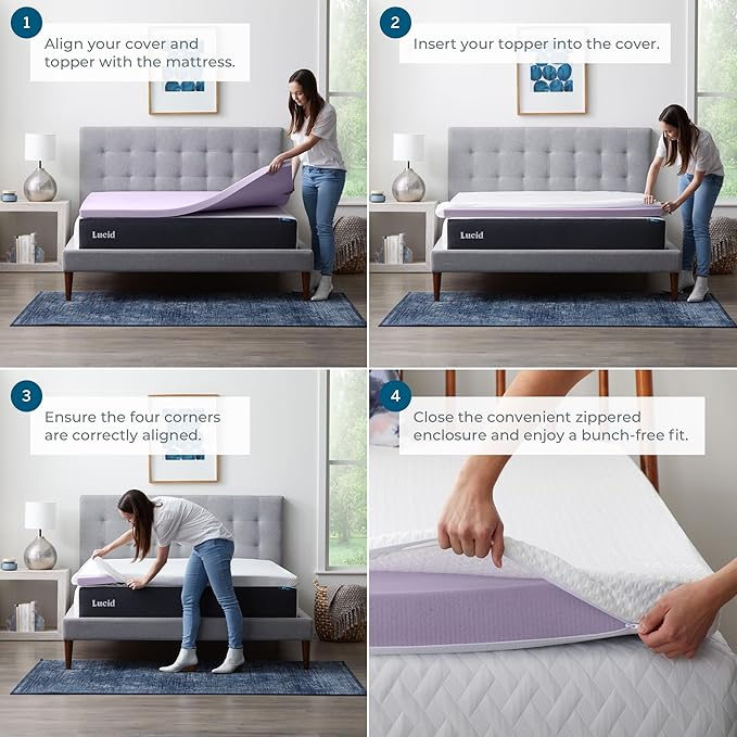 LUCID 2 Inch Lavender Infused Memory Foam Mattress Topper and LUCID Zippered Enclosure Mattress Topper Cover, Twin