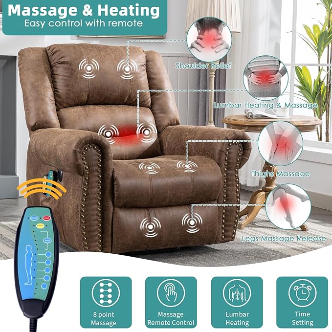 MEETWARM Large Power Lift Electric Recliner Chair for Elderly with Massage and Heat, Overstuffed Wide Recliner, Heavy Duty Sofa for Living Room with 2 Remote Control/USB Ports/Side Pockets(Brown)