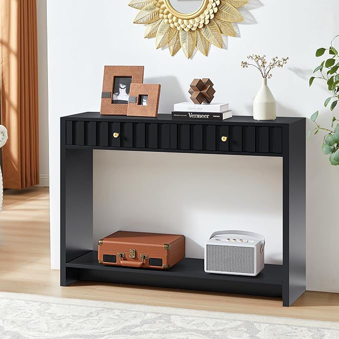 Console Table with Drawers, Narrow Mid-Century Fluted Entryway Table Sofa Table with Storage Shelf, Wood Entry Table Accent Behind Couch Table for Entrance, Hallway, Living Room (Black)