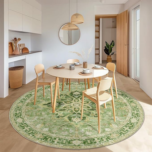 Area Rugs 8ft Washable Non-Slip, Floral Vintage Distress Print Pattern Medallion Carpet for Living Room Bedroom Dining Room, Sage Green Yellow