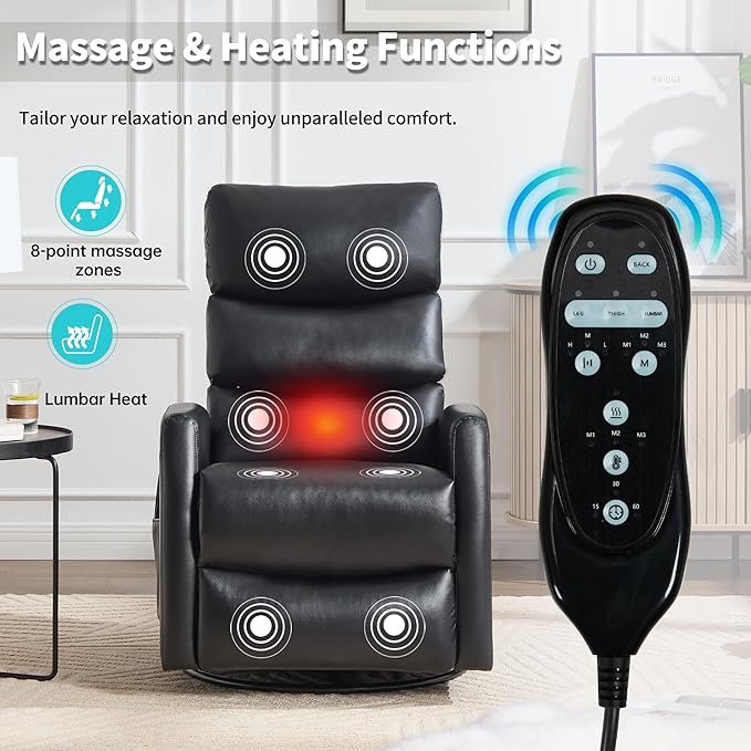 PELUMY Massage Recliner Chair with Heat - Manual Rocker Swivel Recliner, 360° Rotation & 155° Recline for Living Room（Breathable Leather, Black）