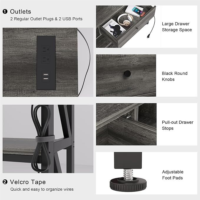 Mexin Console Table with Outlets and USB Ports, Entryway Table with Drawer Storage Shelves, Industrial Wood Hallway Sofa Table for Living Room, Couch, Foyer Table, 47 Inch Grey Oak