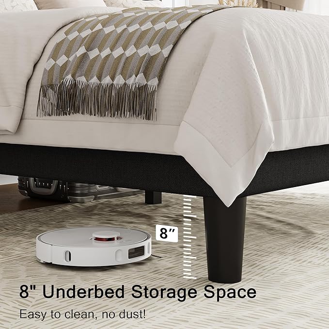 Full Size Upholstered Bed Frame with Wingback Headboard, Fabric Linen Platform Bed, 8" Under Bed Storage, Wooden and Metal Slats Support, No Box Spring Needed, Noise Free, Black