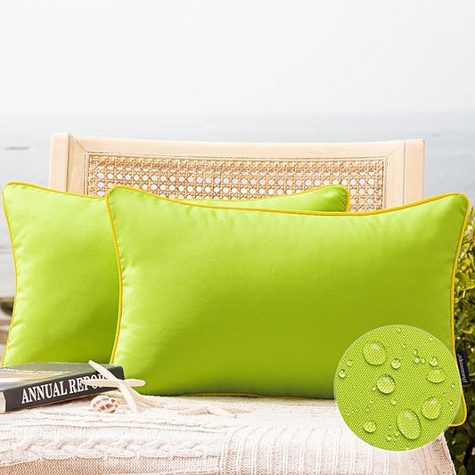 Phantoscope Pack of 2 Outdoor Waterproof Throw Pillow Covers with Contrast Piping, Decorative Square Cushion Case Patio Pillows for Couch Tent Sunbrella, Lime Green 12x20 inches