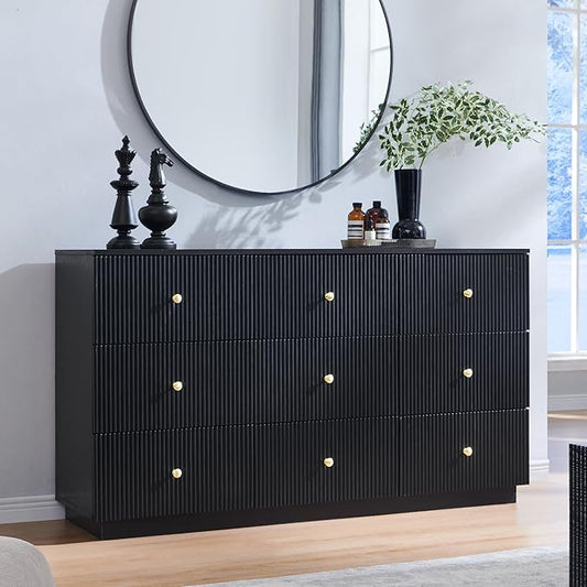 Fluted Dresser for bedroom, 55"W Black 9 Drawer Dressers, Wood Tall Dresser Storage Organizer, Modern Bedroom Chest of Drawers with Deep Storage for Closet Hallway, Entryway, Living Room Black