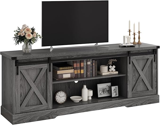 Farmhouse TV Stand for 70/75/80 Inch TV, Entertainment Center Storage Cabinets with Sliding Barn Doors, Media Console Cabinet for Living Room, Grey