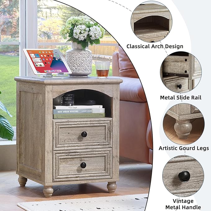 18" Farmhouse Night Stand Set 2 with Charger Station, Grey 2 & 3 Drawers Wood Nightstand, Bedside End Table with Storage and Roman Column, Bed Side Tables Cabinet for Bedroom, Living Room, and Closet