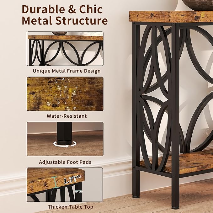 karlott 70.9 inch Extra Long Console Table, Industrial Sofa Table Behind Couch with 2 Tier Storage Shelf, Narrow Long Entryway Table for Living Room, Foyer, Hallway, Office, Rustic Brown