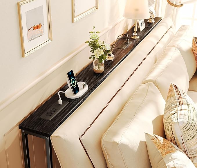 SUPERJARE 5.9 Inch Console Table with Outlet, Sofa Table, Behind Couch Table, 5.9 x 39.4 x 29.1 Inches, Metal Frame, Charging Station, for Living Room, Black