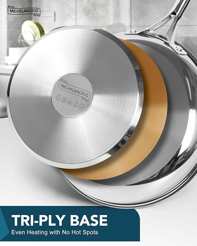 MICHELANGELO 18/10 Stainless Steel Frying Pan Set, 8" / 9.5" / 11" Cooking Pans, Triply Base Stainless Steel Pan Set with Ergonomic Handle, Induction Compatible
