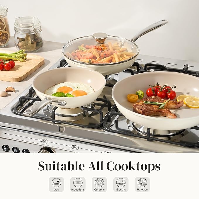 Redchef Nonstick Cookware Sets, Frying Pan Set with Tempered Glass Lids, Ceramic Cookware Set, Stay-Cool Handles, Dishwasher & Oven Safe, Compatible with All Cooktops, Beige (8+9.5+11 Inch)