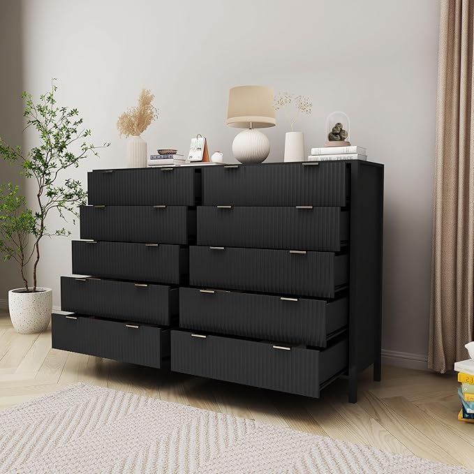 Fluted 5 Drawer Tall Dresser for Bedroom, Mid Century Modern Nightstand with Drawers, Tall Bedside Table for Closet Cloth, Living Room End Table with Storage for Dorm -Black