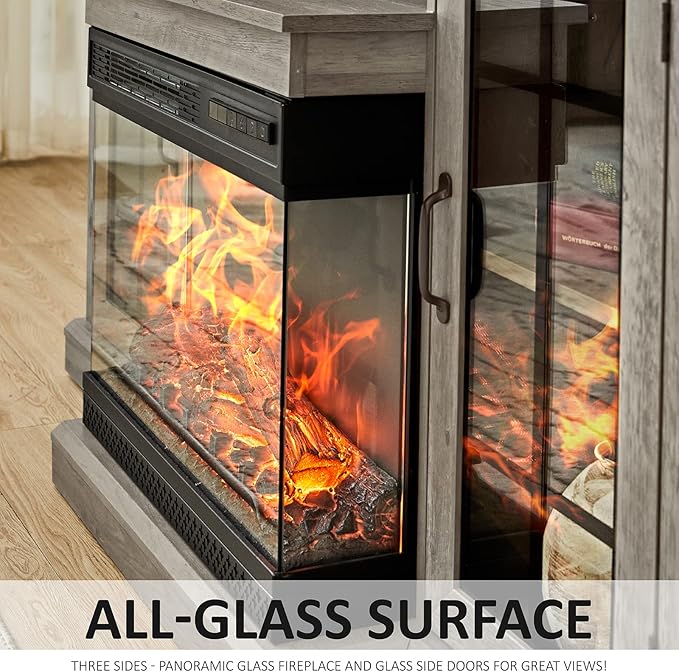 AMERLIFE 3-Sided Glass Fireplace TV Stand for TVs up to 65'' with 12 Color, Media Entertainment Center Console Table with Doors Closed Storage, Wash Gray
