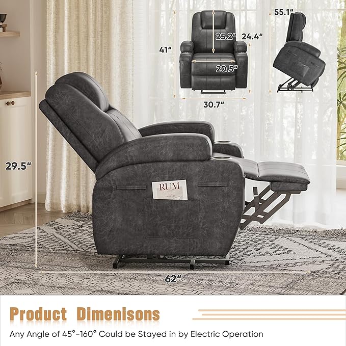 Power Lift Recliner Chair with Massage Electric Lift Chair for Elderly, Ergonomic Recliner with Cup Holders & Side Pockets, Modern Single Sofa for Living Room (Leathaire, Deep Gray)