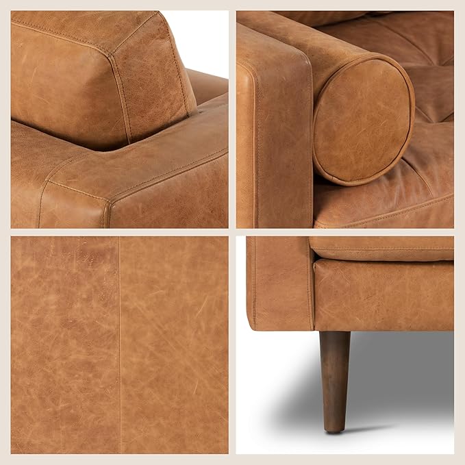 Poly & Bark Napa Leather Couch - 72 Inch Apartment Sofa with 2 Bolsters - Full-Grain Leather Sofa for Living Room with Feather-Down Topper - Living Room Couch - Vintage Italian Leather in Cognac Tan
