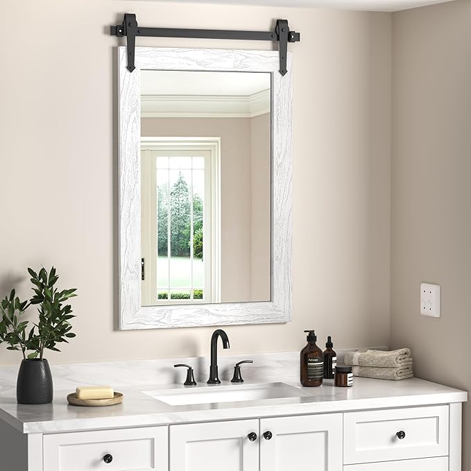 Farmhouse Bathroom Mirrors for Over Sink 26”x40” White Rustic Wall Decor Mirror for Vanity Barn Door Style Wall Mirror for Bathroom Entryway Living Room Bedroom