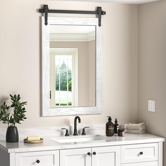 Farmhouse Bathroom Mirrors for Over Sink 26”x40” White Rustic Wall Decor Mirror for Vanity Barn Door Style Wall Mirror for Bathroom Entryway Living Room Bedroom