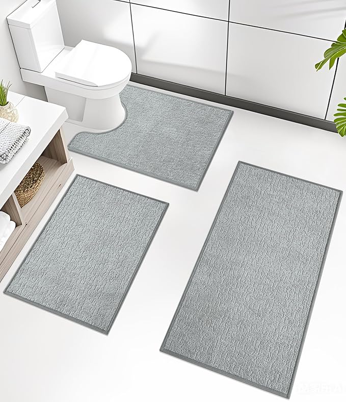 chakme Bathroom Rug Sets 3 Piece, Ultra Thin Bath Mat Quick Dry Bath Mat Set, Absorbent Bath Mat for Bathroom Non Slip Machine Washable, (Light Grey, 3 Piece)
